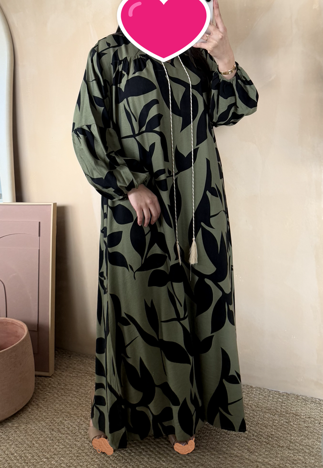 ROBE IMPRIMEE COLOREE KAKI ET NOIRE